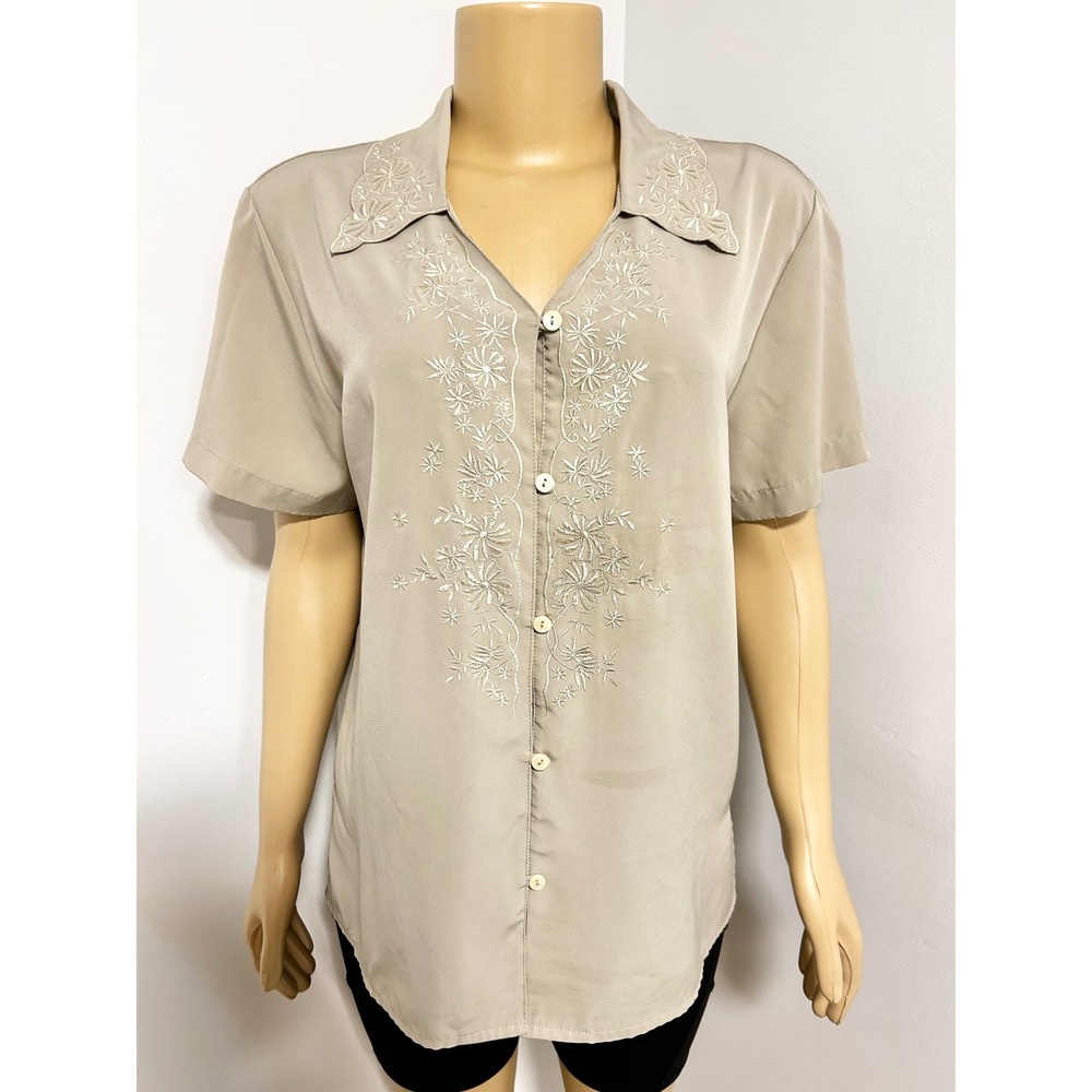 VINTAGE Claudia Richard Taupe Floral Embroidered Button Blouse Short Sleeve 12